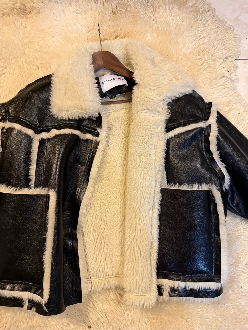 Stand Studio Black Faux Leather Jacket with Cream Shearling Trim